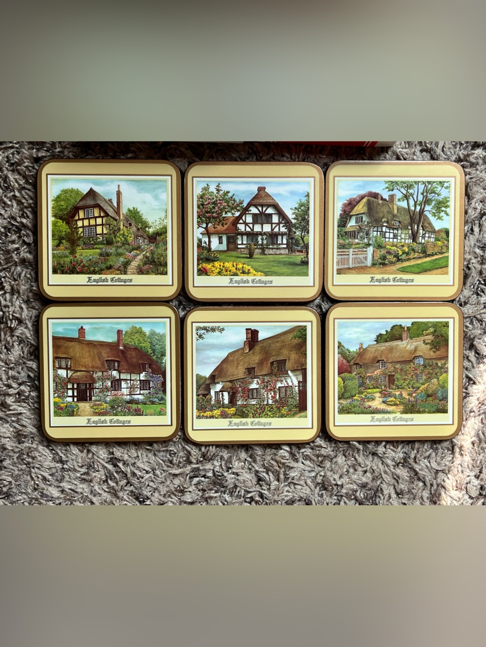 Pimpernel 6 English Cottages Deluxe Finish Coasters 4 1/8" Sq. COTTAGECORE EUC